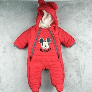 Disney Baby Snowsuit Bunting Mickey Mouse 0-3 Mos Sherpa Lined Red Hood Booties